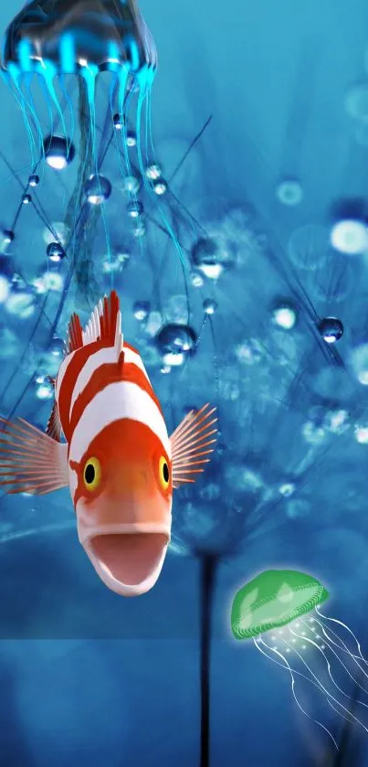 Clownfish and jellyfish in a vibrant blue underwater scene.