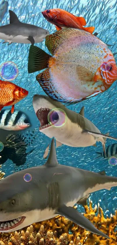 Vibrant underwater wallpaper with fish, sharks, and coral reefs.