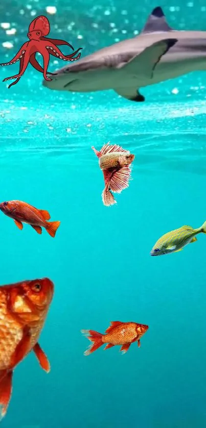 Vibrant underwater scene with fish, shark, and octopus.