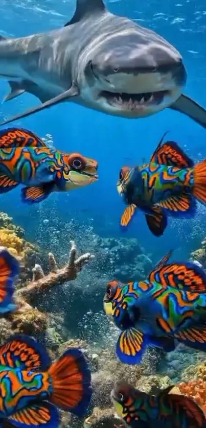 Vibrant underwater scene with colorful fish and a shark in blue waters.