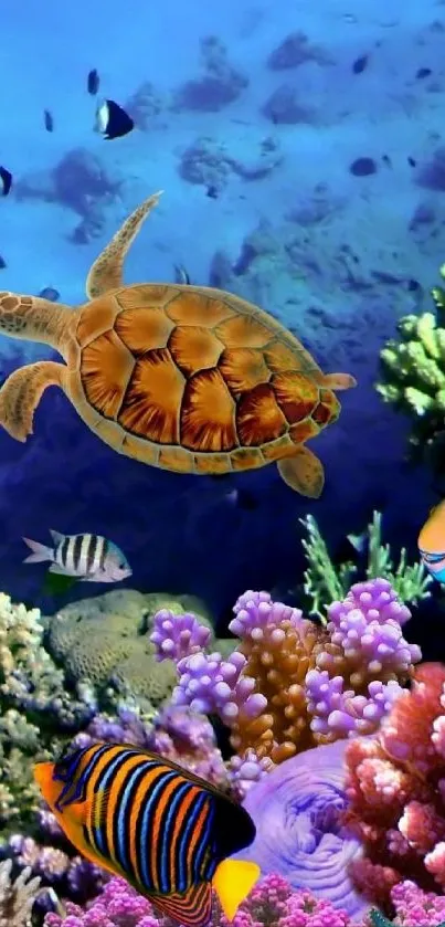 Underwater scene with turtle and tropical fish amidst colorful coral.