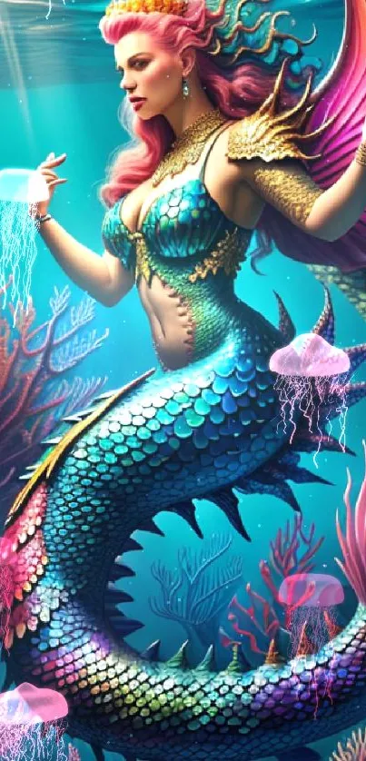 Colorful mermaid with vibrant scales swimming amidst coral.