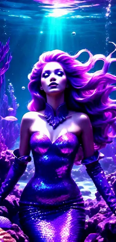 Vibrant underwater mermaid artwork with glowing purple hues.