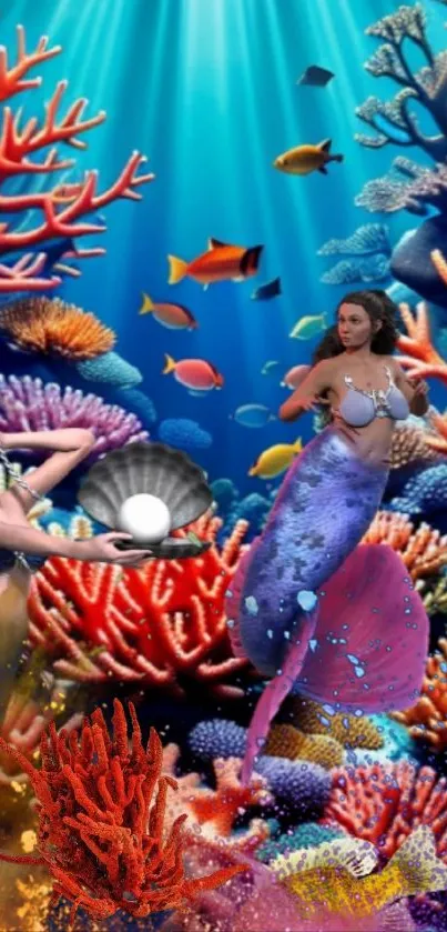Enchanting mermaid scene with corals and fish.