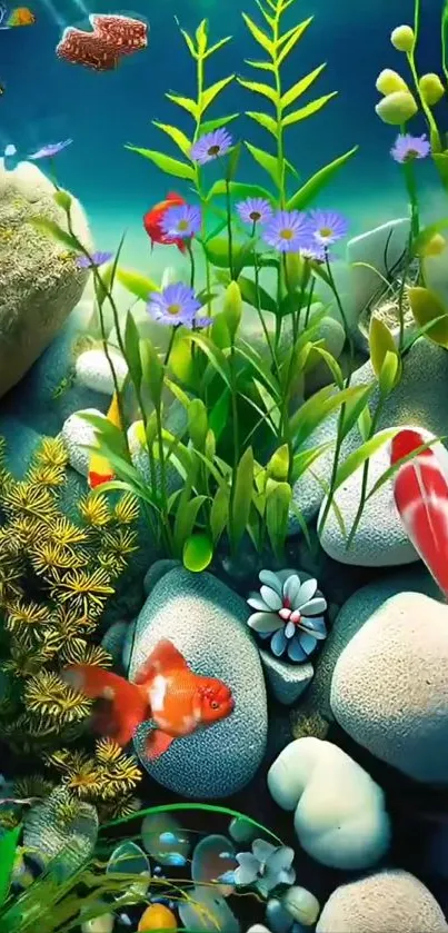 Vibrant underwater scene with fish and plants.