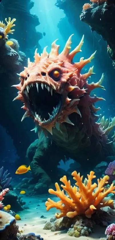Fierce sea monster among vibrant coral reef in deep blue ocean.