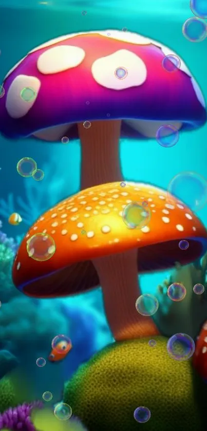 Whimsical underwater mushrooms with bubbles and vibrant colors.