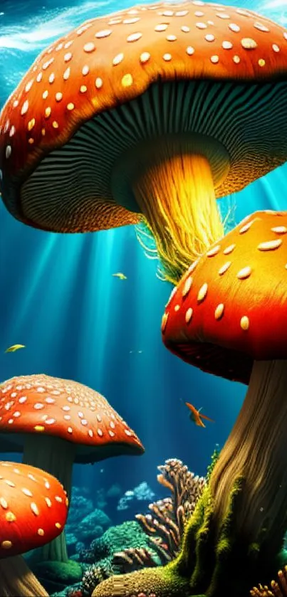 Vibrant orange mushrooms in an underwater fantasy scene.