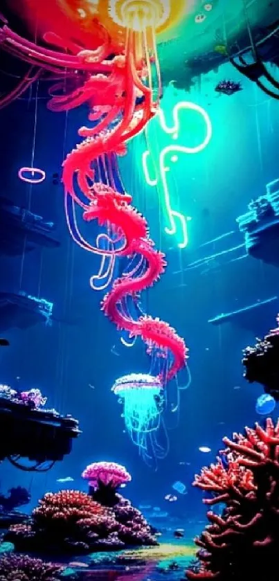 Vibrant neon underwater scene with glowing jellyfish and colorful corals.