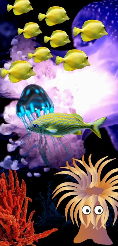 Colorful underwater scene with fish, corals, and jellyfish.