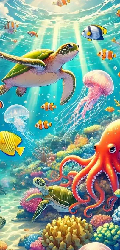 Colorful underwater scene with marine life.