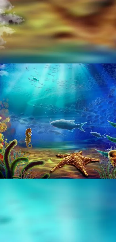 Colorful underwater scene with marine life, starfish, and vibrant ocean colors.