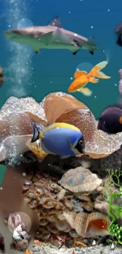 Colorful fish swimming in underwater ocean scene with coral.