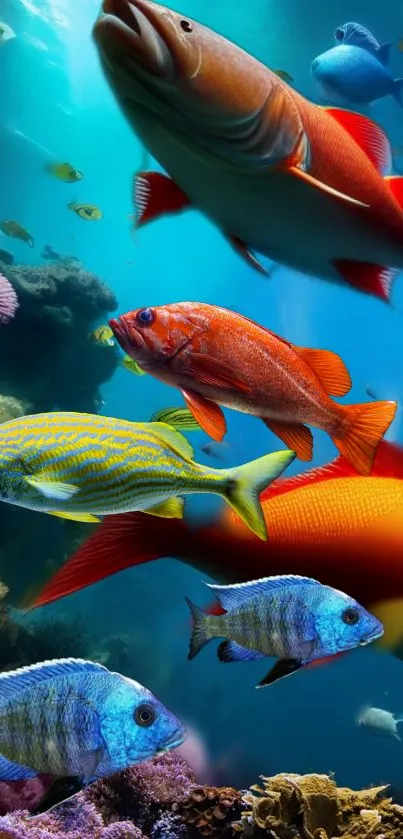 A lively underwater scene with colorful fish swimming in a blue ocean backdrop.