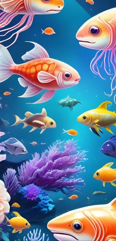 Vibrant underwater scene with colorful fish and corals.