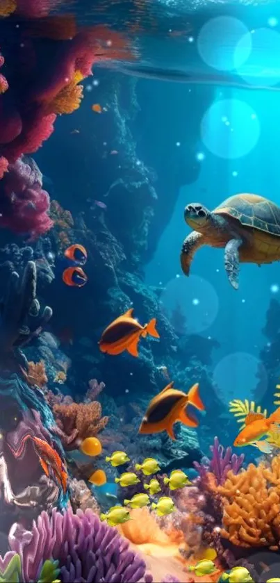 Vibrant underwater scene with a turtle and colorful fish.