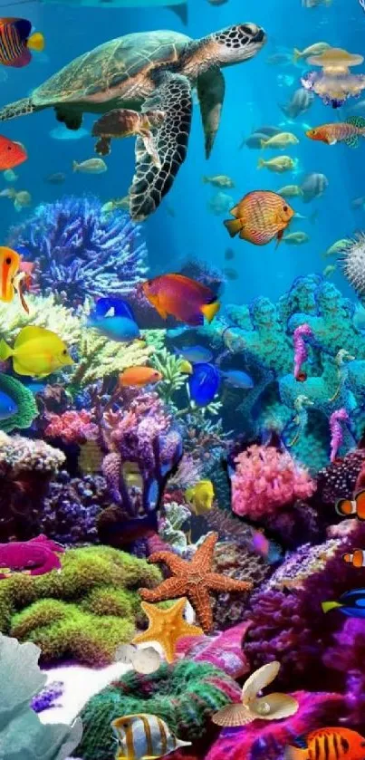 Vibrant ocean scene with colorful fish and coral reefs.