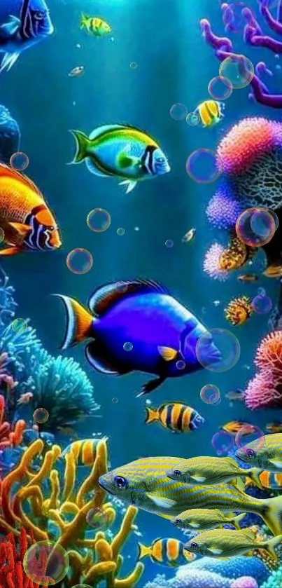 Colorful underwater scene with fish and coral reef.