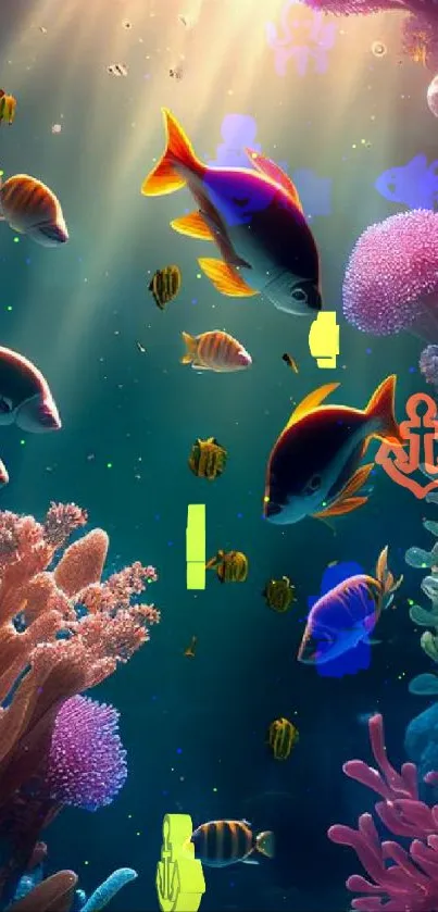 Vibrant underwater scene with colorful fish and corals