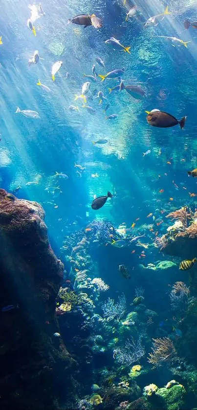 Underwater ocean scene with fish and sunlight rays.