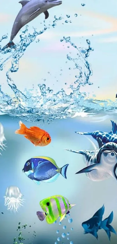 Vibrant underwater ocean wallpaper featuring colorful fish and a dolphin.