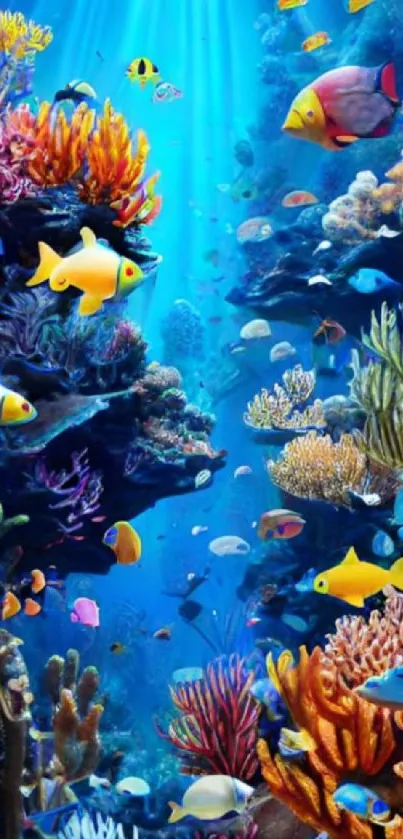 Vibrant underwater scene with marine life and colorful coral.