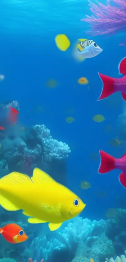 Colorful fish swim in a vibrant coral reef underwater.