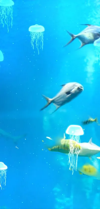 Serene ocean scene with fish and jellyfish against a vibrant blue background.