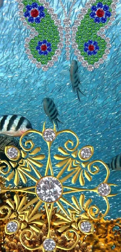 Underwater scene with coral, fish, and ornate jewelry.