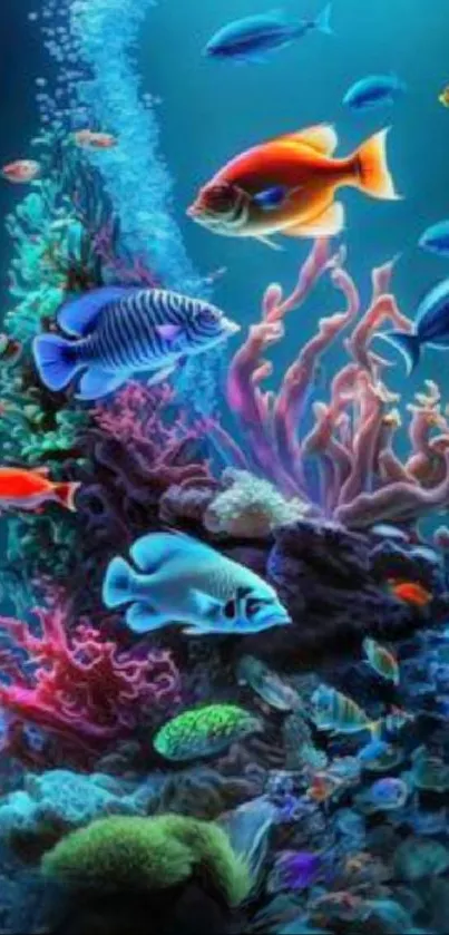 Vibrant underwater ocean scene with colorful fish and coral.