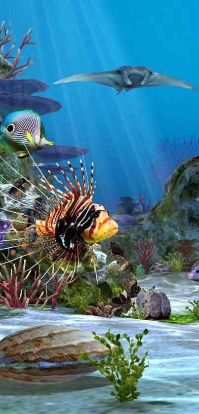 Underwater scene with vibrant fish and coral in deep ocean.