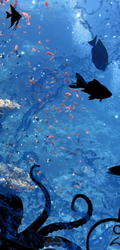 Underwater ocean scene with fish silhouette and coral reef.