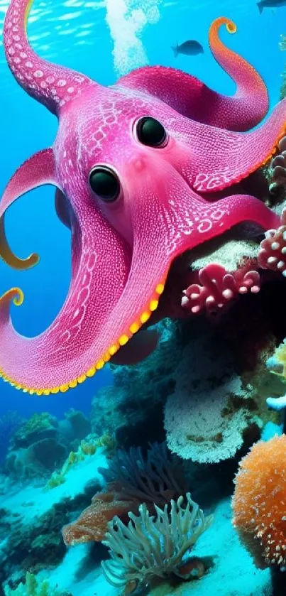 Pink octopus exploring a colorful coral reef underwater.