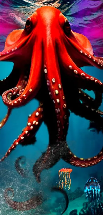 Vibrant octopus swims in colorful ocean setting.