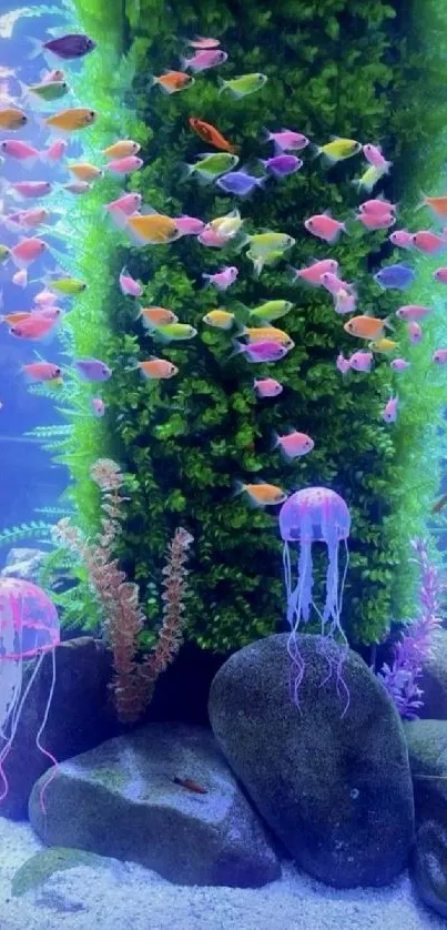 Colorful fish and jellyfish in a lush, vibrant aquarium scene.