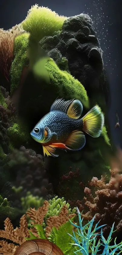 Vibrant fish and aquatic plants in underwater wallpaper scene.