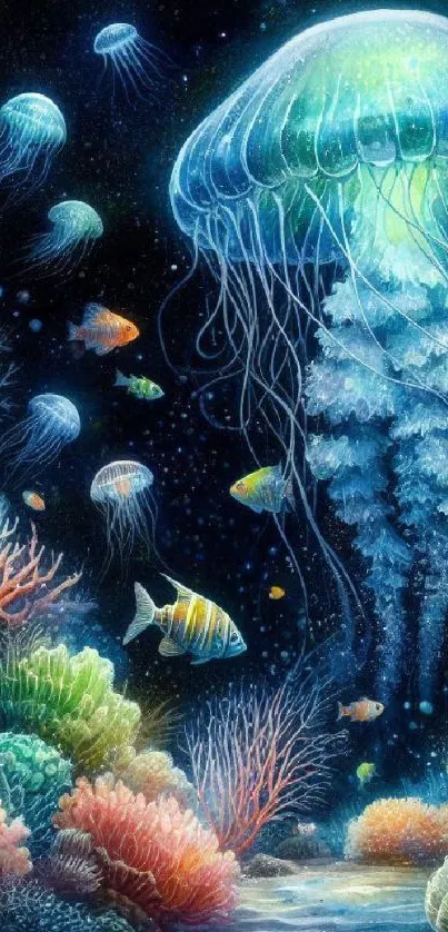 Underwater scene with jellyfish and colorful fish in coral reef.