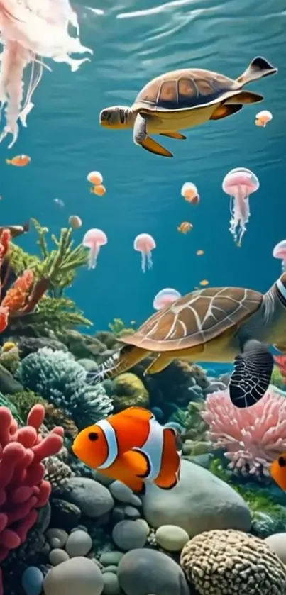 Colorful underwater scene with turtles and clownfish.