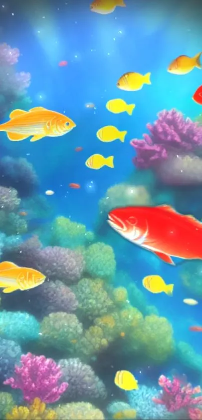 Colorful fish swimming in a vibrant underwater coral reef scene.