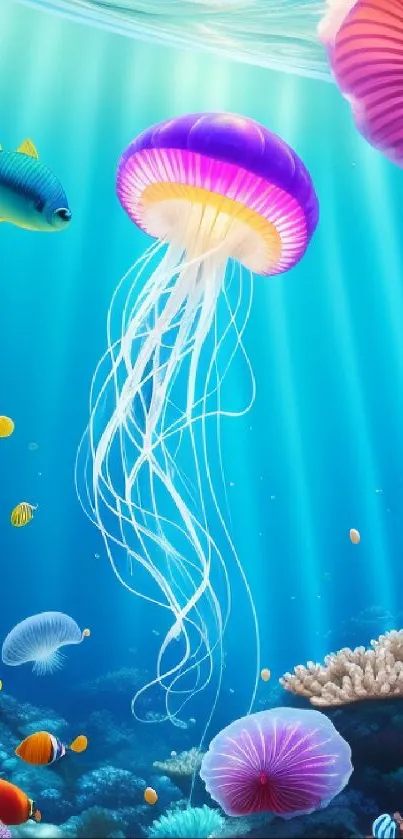 Colorful jellyfish and coral in a vibrant underwater scene.