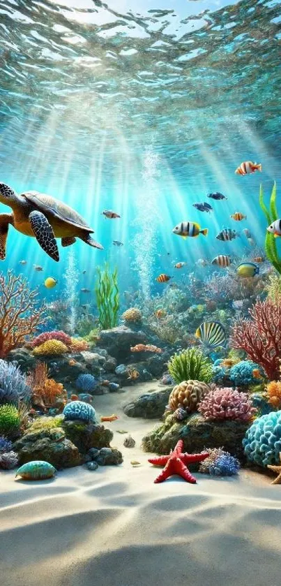 Vibrant underwater scene with marine life and coral reefs.