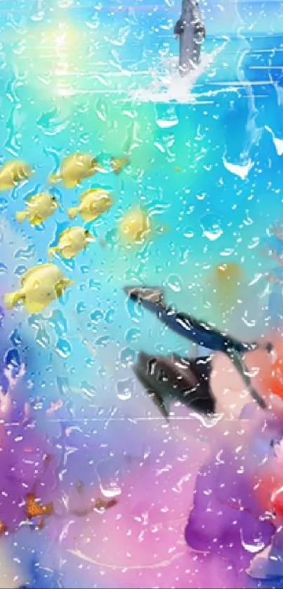 Underwater scene with fish and coral, enhanced by water droplets.