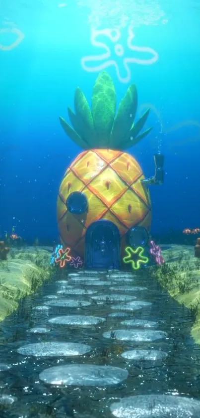 Whimsical underwater pineapple home with vibrant marine surroundings.