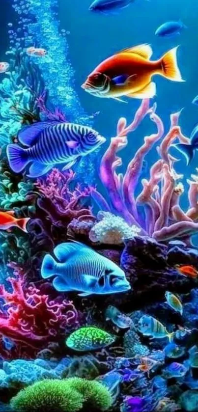 Vibrant underwater scene with colorful fish and coral reefs.