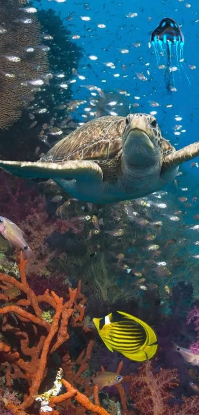 Underwater scene with a sea turtle and colorful coral reef.