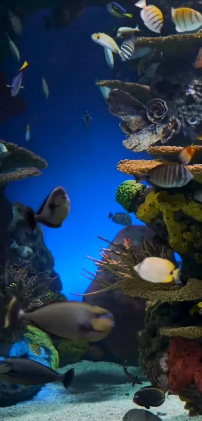 Vibrant underwater scene with colorful fish and coral reef.