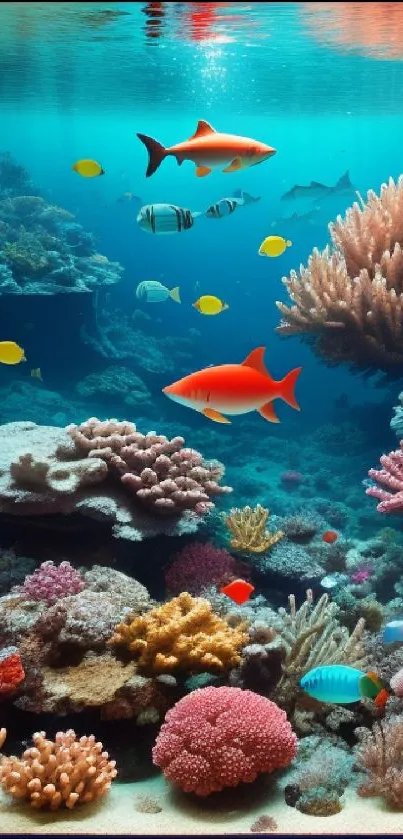 Colorful coral reef with tropical fish in aqua blue waters.