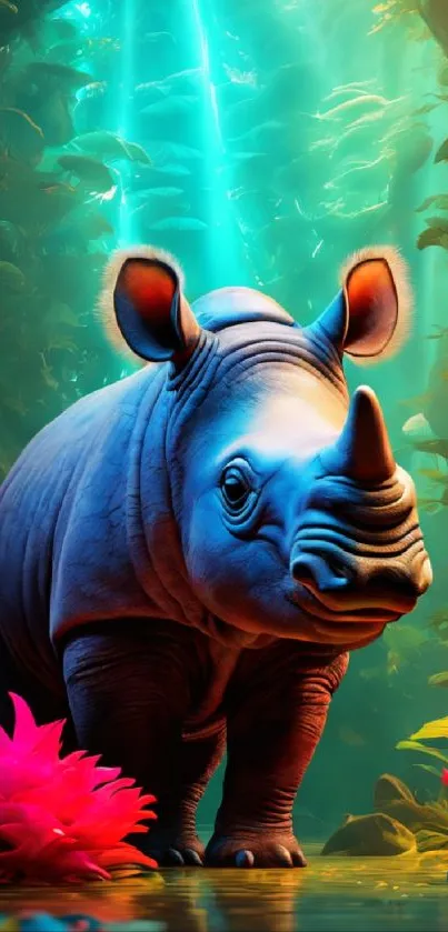 Colorful underwater scene with a rhino and vibrant flora.