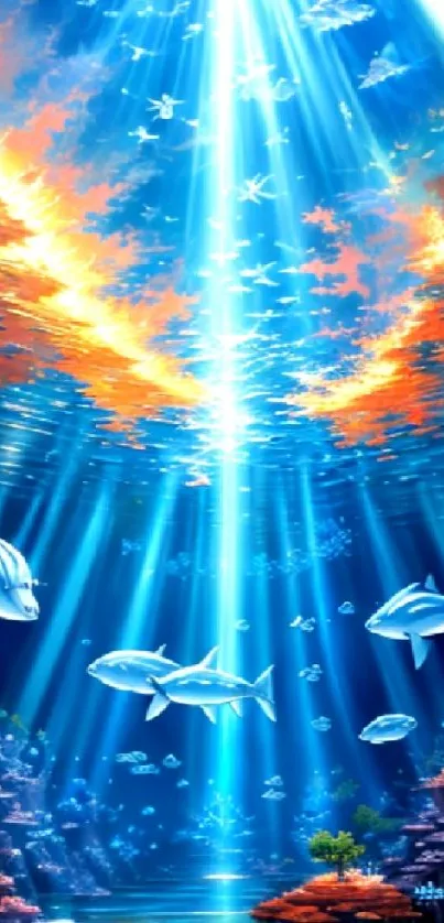 Vibrant underwater scene with fish and corals illuminated by sun rays.