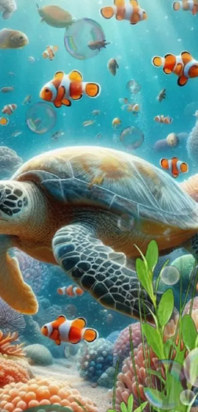 Vibrant coral reef wallpaper featuring a turtle surrounded by clownfish.